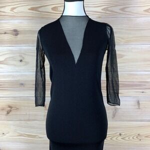 Zara Knit Dress Womens S Black V-Neck‎ Sheer Mesh Sleeve Ribbed Bodycon Mini
